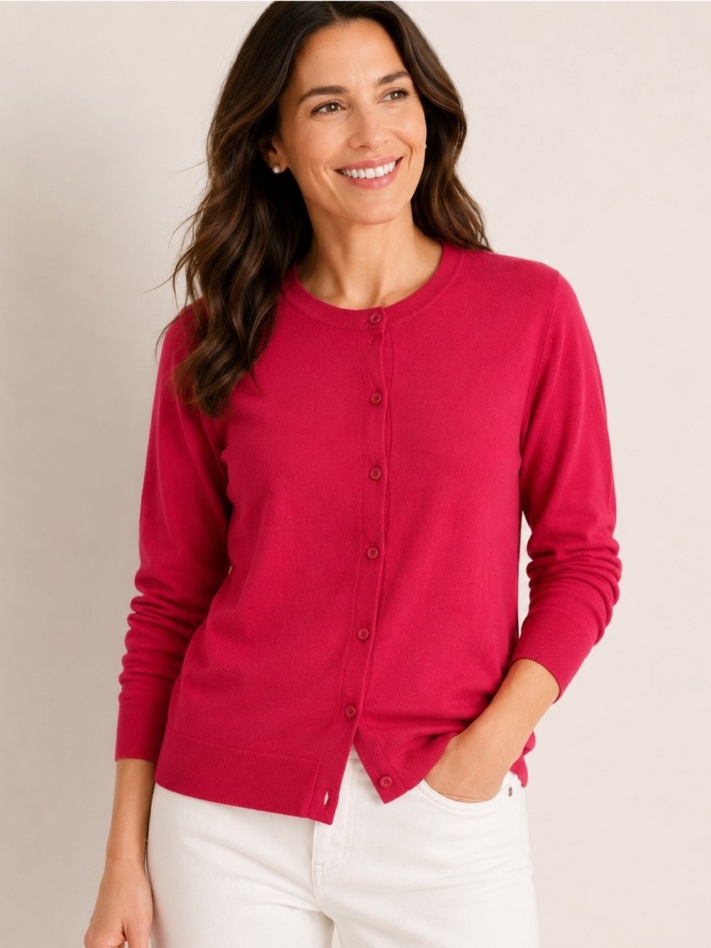 Charter Club Classic Crewneck Women Cardigan in Bright Coral, size M
